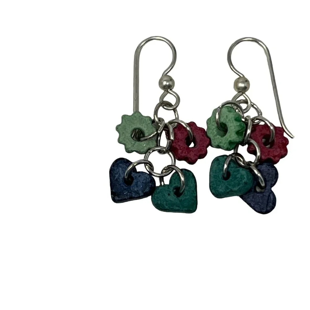 Handcrafted‎ Earrings Silver Tone Dangle Wire Ceramic Beads Hearts Cogs
